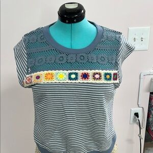 Hem & Thread Blue Striped Blouse with Crochet Detail